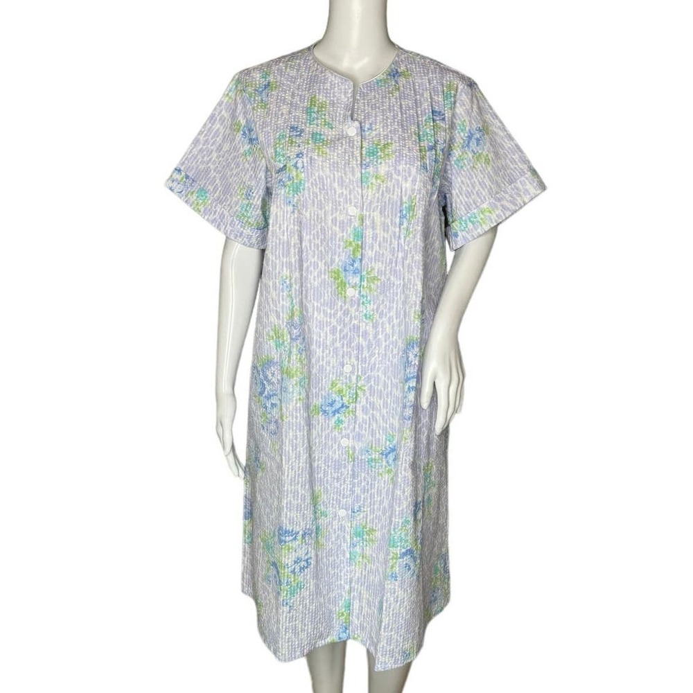Miss Elaine Housecoat Womens Medium Blue Floral Seersucker‎ Lightweight Summer